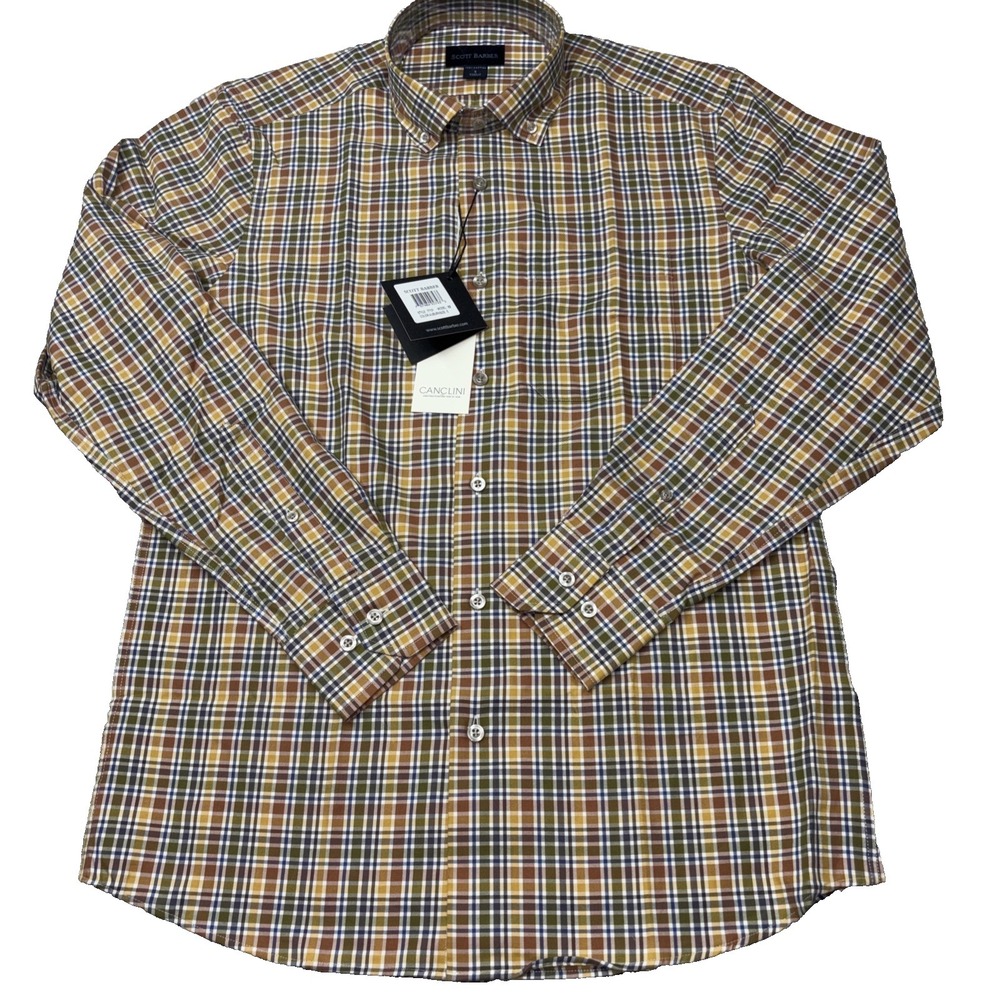 Scott Barber Shirt Men's Size Sm Brown Plaid Button Down Cotton Twill NWT
